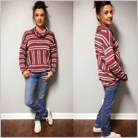 Burgundy Striped Turtleneck Pullover Top - Picture 1 of 8